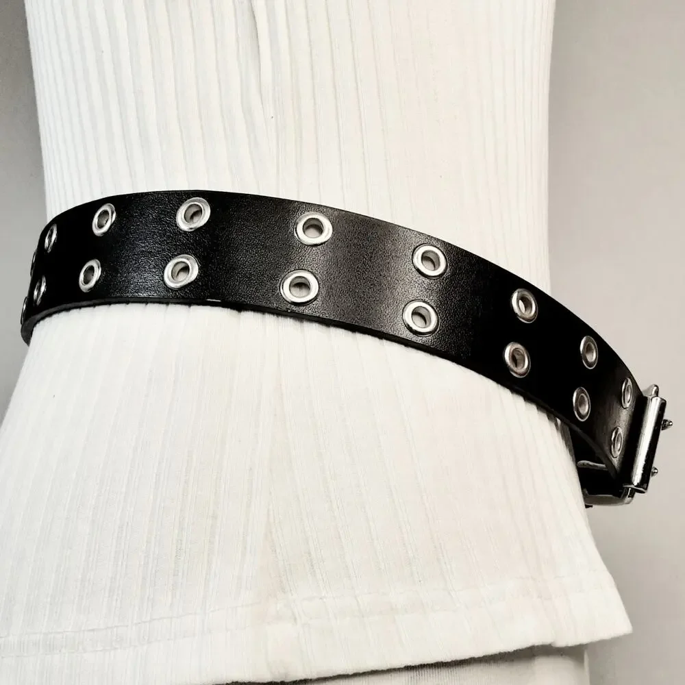 💎Black Unisex Double Silver Tone Grommet Faux Leather Belt Size XL Punk Rock